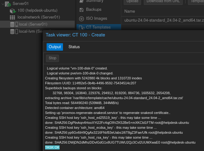 Proxmox task viewer showing successful LXC container creation and TASK OK status